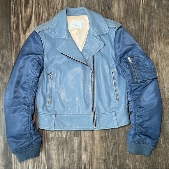 Sandro Blue Goat Leather Coat Biker Moto Bomber Jacket with Pleated Sleeves - Picture 2 of 16